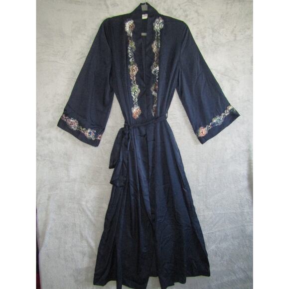 Natori Other - Natori Navy Floral Embroidered Kimono Robe Women's Medium Belted Satin Loungewea